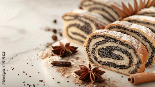 Delicious Slices of Poppy Seed Roll and Anise Star on White Table photo