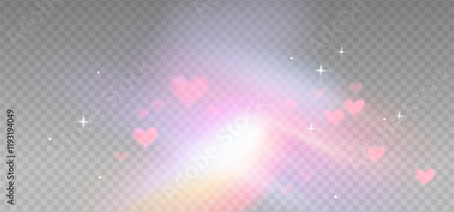 Romantic love light prism reflection effect for light background. Heart shapes glass dispersion, crystal flare leak shadow overlay. Vector illustration