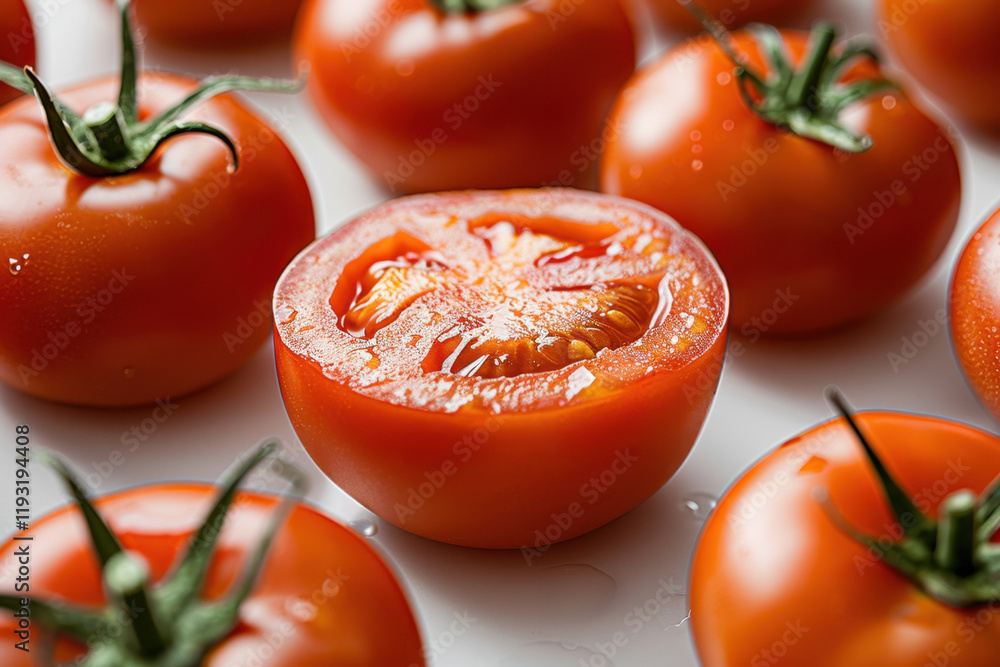 A vibrant composition featuring a group of red tomatoes with a juicy sliced half in the center, glistening with water droplets on a clean white surface.
