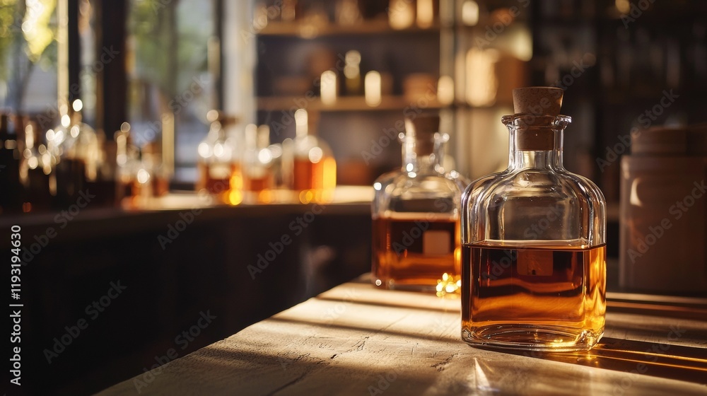 Whiskey bottles on a rustic wooden bar in warm lighting Whiskey bottles on a rustic wooden bar in warm lighting