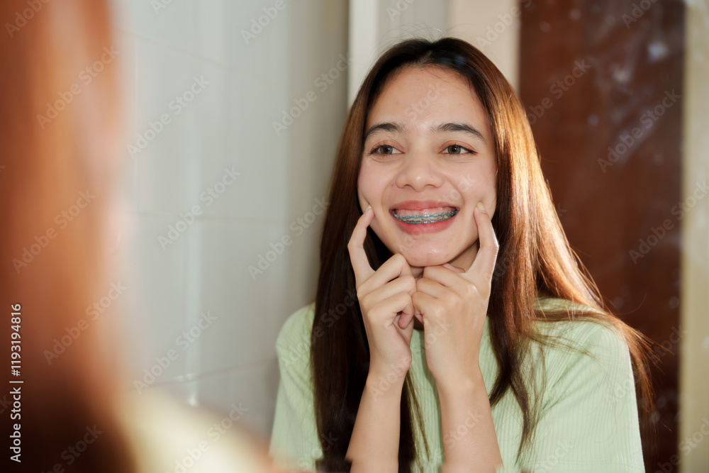Asian woman with long brown hair smiling in front of mirror wearing casual green shirt touching cheeks in a bright bathroom showcasing relaxed and cheerful home lifestyle. Asian woman with long brown hair smiling in front of mirror wearing casual green shirt touching cheeks in a bright bathroom showcasing relaxed and cheerful home lifestyle.