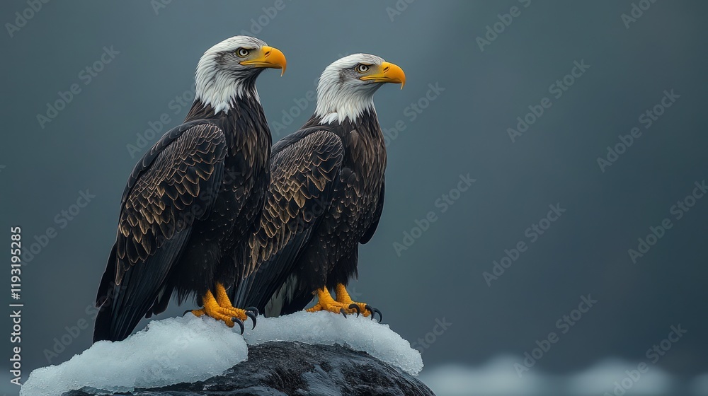 Two majestic bald eagles perched on a snowy rock, overlooking a misty water. Two majestic bald eagles perched on a snowy rock, overlooking a misty water.