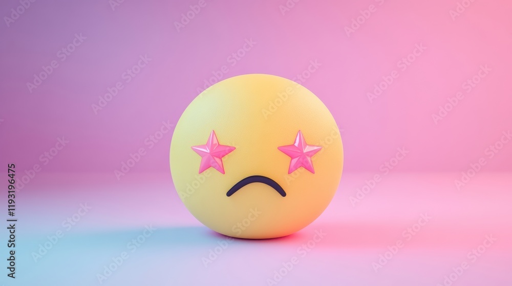 Fototapeta premium A whimsical cartoon emoji with star-shaped eyes and a frown, set against a vibrant pink and blue gradient background.