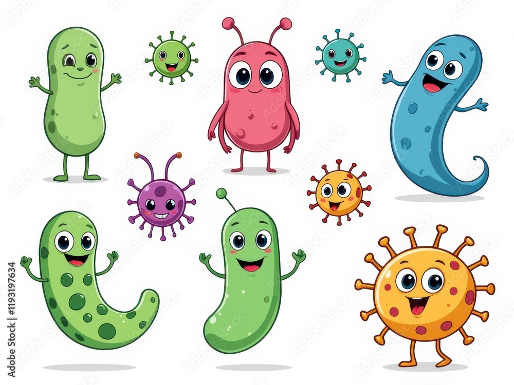 Fototapeta premium Collection of Cute Cartoon Microbes Bacteria Viruses and Germs Illustrations
