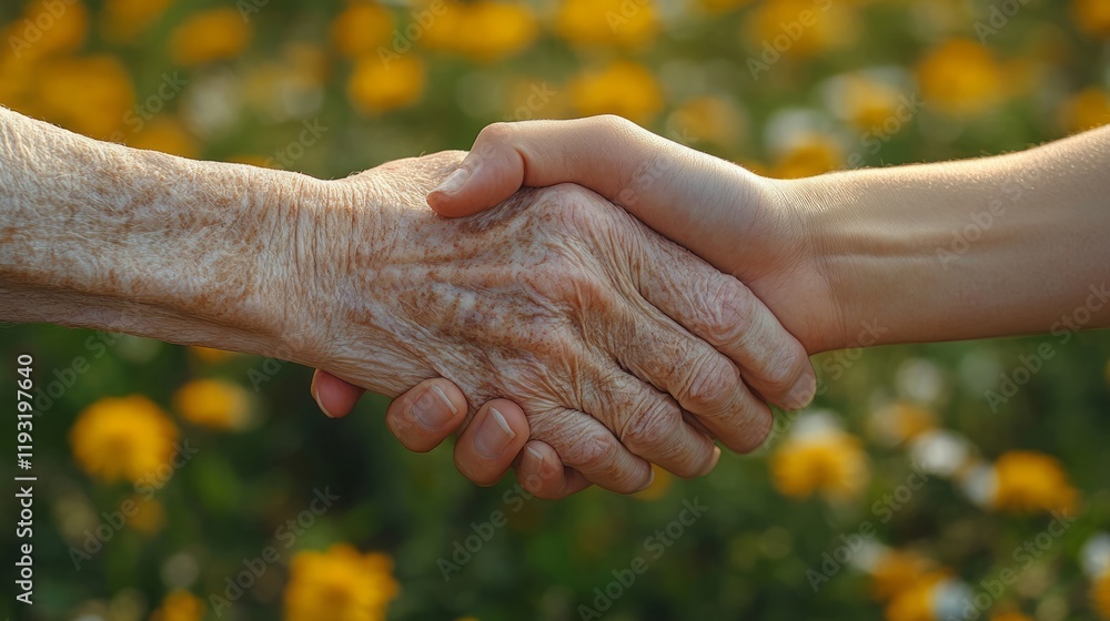 Two hands clasp in a heartfelt gesture, bridging generations outdoors