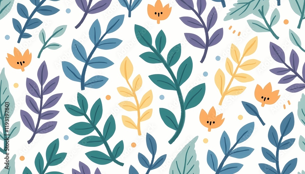 Vibrant botanical pattern with blue, green, and yellow leaves. Vibrant botanical pattern with blue, green, and yellow leaves.
