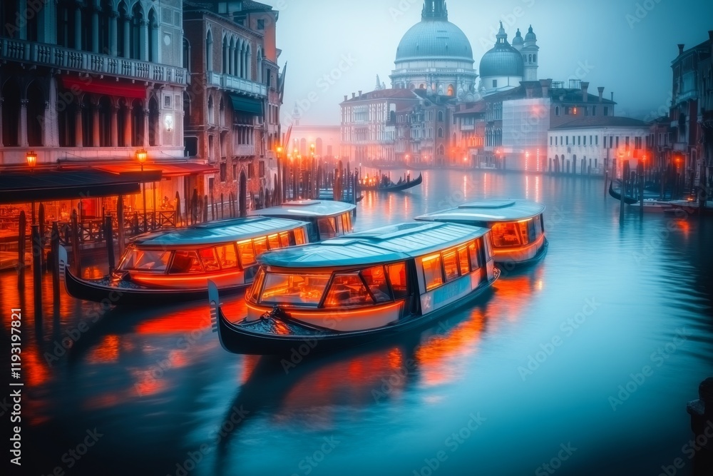 Fototapeta premium A futuristic Venice with floating glass gondolas navigating glowing neon canals, surrounded by sleek, high-tech buildings blending with the city's classic architecture