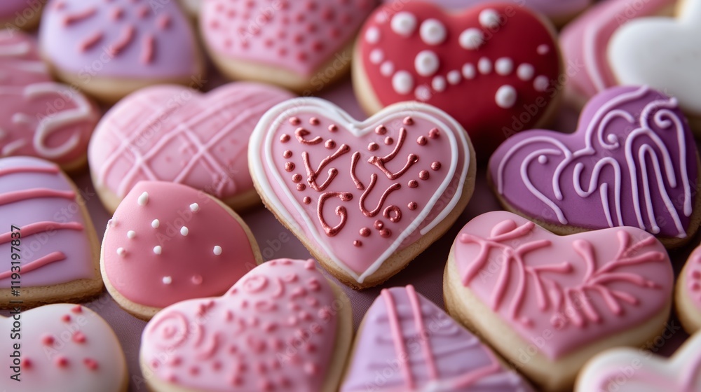 Valentine's Day gift box cookies in shades of pink, purple and red, decorated with intricate designs. Valentine's Day gift box cookies in shades of pink, purple and red, decorated with intricate designs.