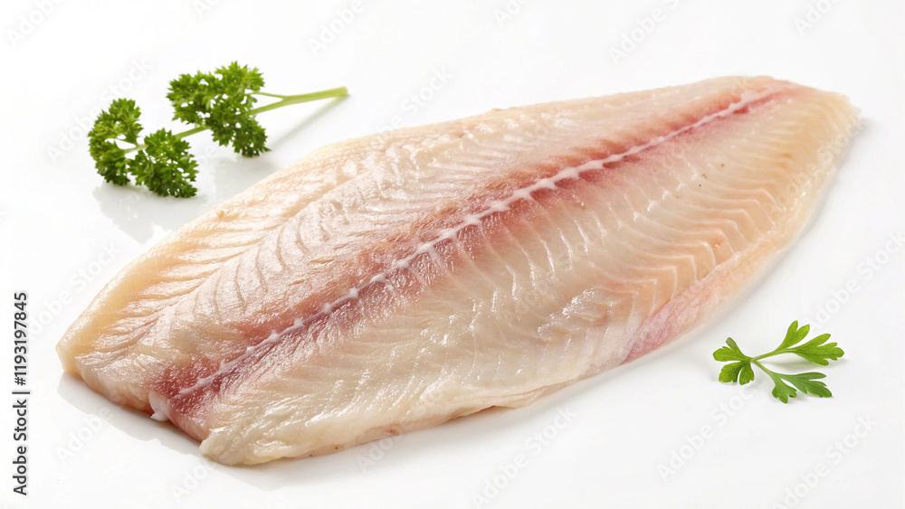 Raw, fresh fish fillet on a white plate, a healthy ingredient for a delicious seafood meal Raw, fresh fish fillet on a white plate, a healthy ingredient for a delicious seafood meal