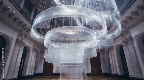 A suspended, circular installation made from translucent, overlapping panels. photo