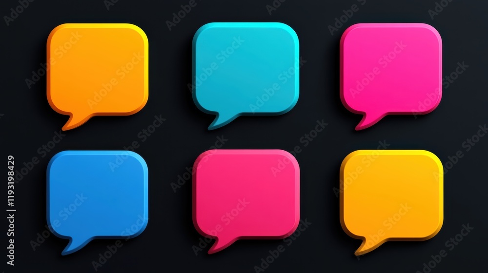 Colorful speech bubbles arranged in a grid, perfect for communication, dialogue, or social media themes. Colorful speech bubbles arranged in a grid, perfect for communication, dialogue, or social media themes.