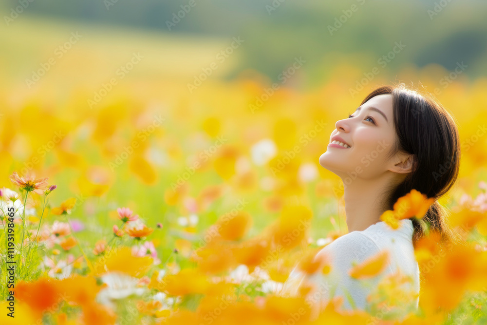 A serene woman embracing the beauty of spring in a field of yellow flowers A serene woman embracing the beauty of spring in a field of yellow flowers