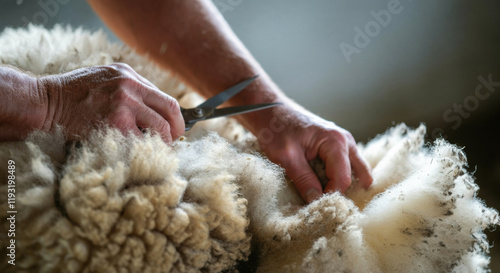 Sheep shearing process showcasing skilled hands cutting fleece in a rustic barn setting during daylight hours