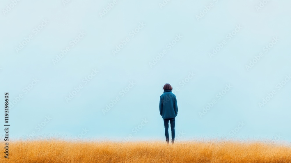 Person standing alone in a golden field with a vast blue sky overhead Person standing alone in a golden field with a vast blue sky overhead