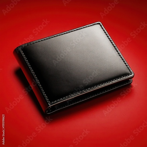 Classic black leather wallet with a sleek design set on a solid red backdrop