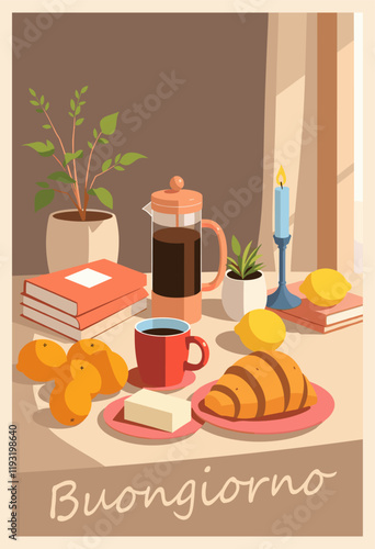 Breakfast still life illustration. Good Morning poster. A table with a plate of croissants, a cup of coffee, books and a candle. Vector art. 