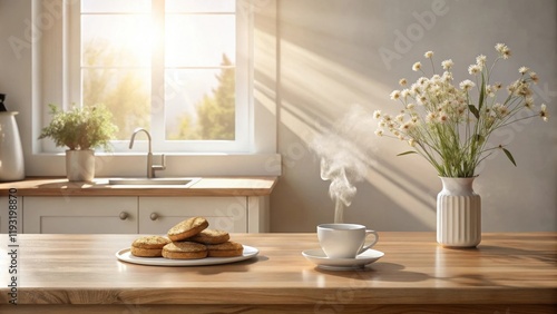 Serene kitchen scene featuring sunlight, baked goods, and a warm beverage