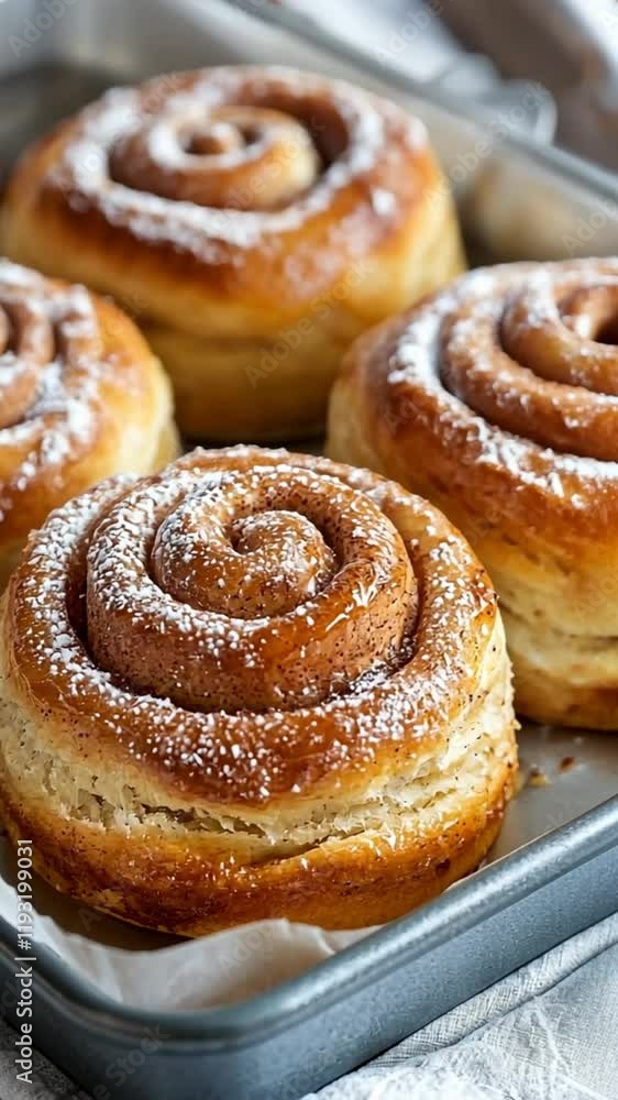 Freshly baked cinnamon rolls dusted with powdered sugar, served in a tray. Freshly baked cinnamon rolls dusted with powdered sugar, served in a tray.