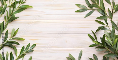Green leaves frame on white wooden background.