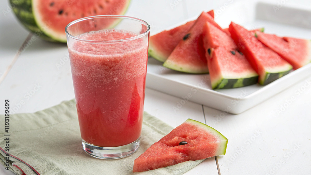 Refreshing ripe watermelon slices, juicy red fruit perfect for a summer smoothie or a cool glass of sweet, healthy juice Refreshing ripe watermelon slices, juicy red fruit perfect for a summer smoothie or a cool glass of sweet, healthy juice