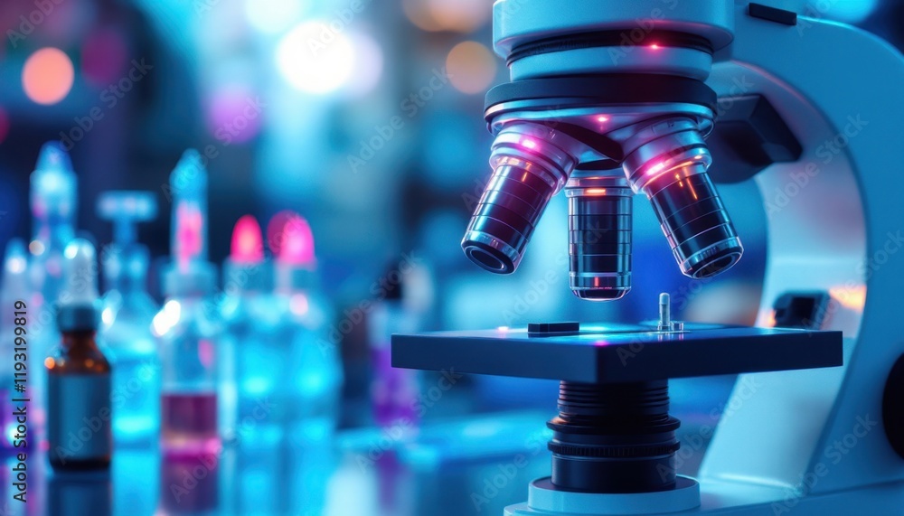 Advanced laboratory microscope with blurred chemical bottles in background Advanced laboratory microscope with blurred chemical bottles in background