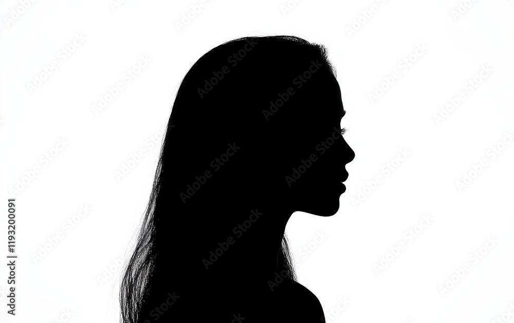 Silhouette profile of a woman with long hair against a bright background, highlighting elegance and mystery. Silhouette profile of a woman with long hair against a bright background, highlighting elegance and mystery.