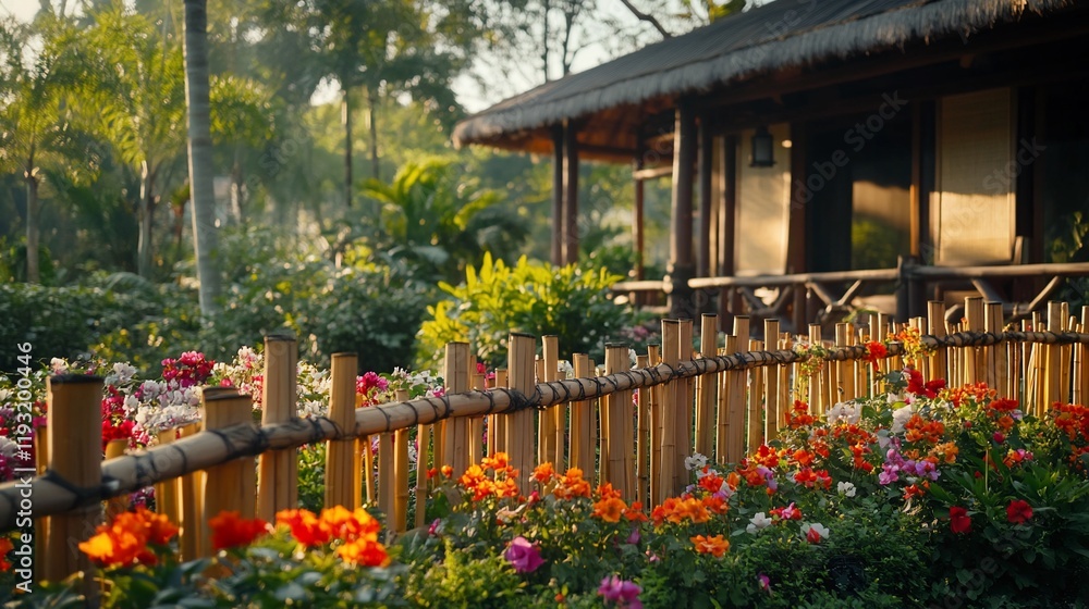Naklejka premium Bamboo fence encloses vibrant flowers blooming in front of a tranquil hut.