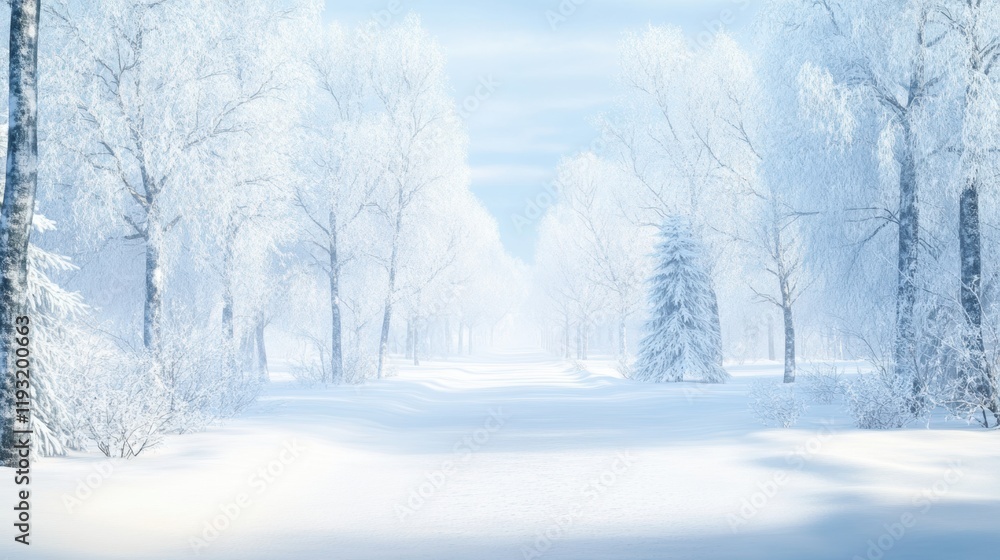 Fototapeta premium Snow-covered trees line a tranquil, snowy landscape under a bright, hazy sky