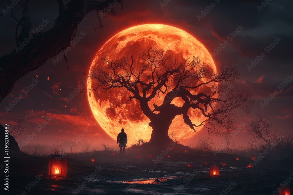 A haunting yet beautiful scene of a lone veteran standing before an ancient, crumbling monument under a blood moon, with flickering lanterns A haunting yet beautiful scene of a lone veteran standing before an ancient, crumbling monument under a blood moon, with flickering lanterns