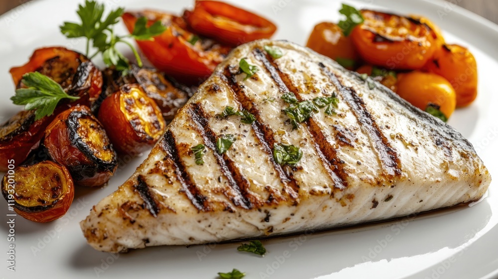 vibrant composition of grilled swordfish steak served with side of roasted vegetables captured on clean white plate vibrant composition of grilled swordfish steak served with side of roasted vegetables captured on clean white plate