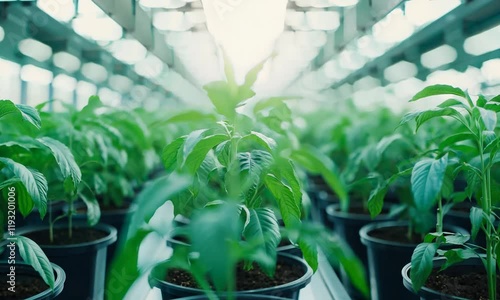 A vibrant green plant grows in a greenhouse, surrounded by others, a thriving environment ideal for plant development.