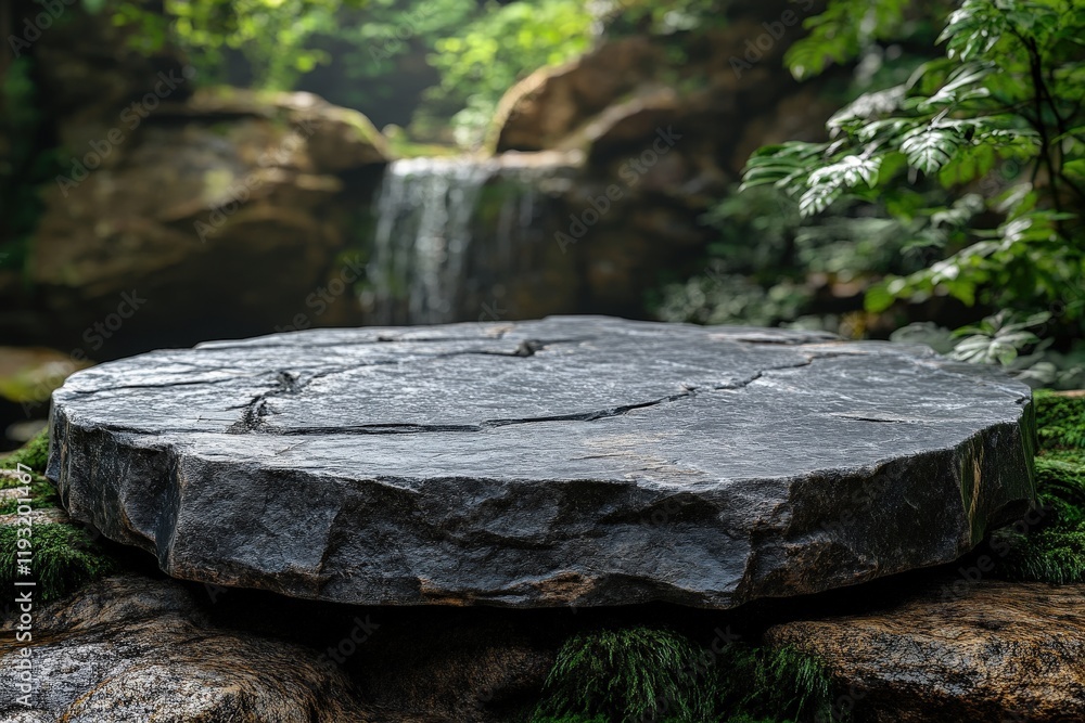 Small Flat Stone Podium on Natural Rock Platform Surrounded by Lush Greenery and Waterfall in 3D Illustration Small Flat Stone Podium on Natural Rock Platform Surrounded by Lush Greenery and Waterfall in 3D Illustration