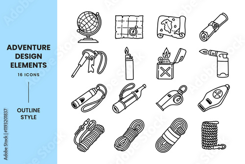 geographical map navigation, fire gas lighter, emergency whistle, hack of outdoor ropes outline line art icon symbol element designs set for adventure, explorer, mountaineer, hiker and climber