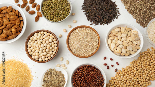 A colorful heap of raw, organic grains, beans, and seeds, including brown rice, white lentils, sesame seeds, buckwheat, and wheat, ready to be used as a healthy, vegetarian ingredient in a delicious  photo