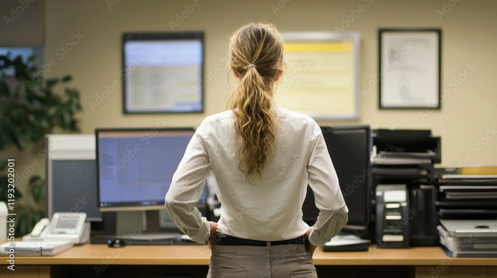 © sambath - An office worker standing up from their desk, stretching to relieve back pain, with ergonomic equipment visible.