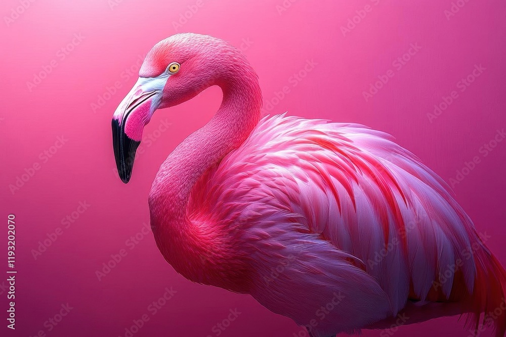 Obraz premium a striking pink flamingo in a minimalist 3d setting, simple background highlighting the vibrant colors and elegant form of the bird, playful yet sophisticated mood with a touch of tropical flair