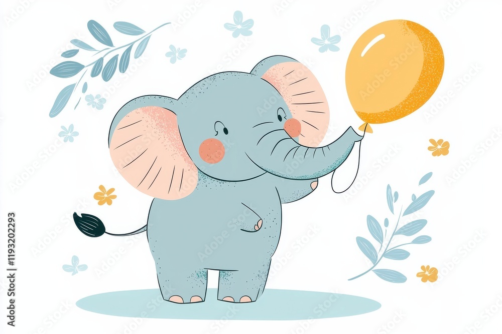 Fototapeta premium Cute happy elephant holding balloon in celebratory art style