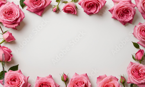 Empty flat white table with soft pink roses border. Flower framed background for greeting card, banner or poster with copy space. Wedding, Birthday, Mother's Day or Valentine's Day. Top view.