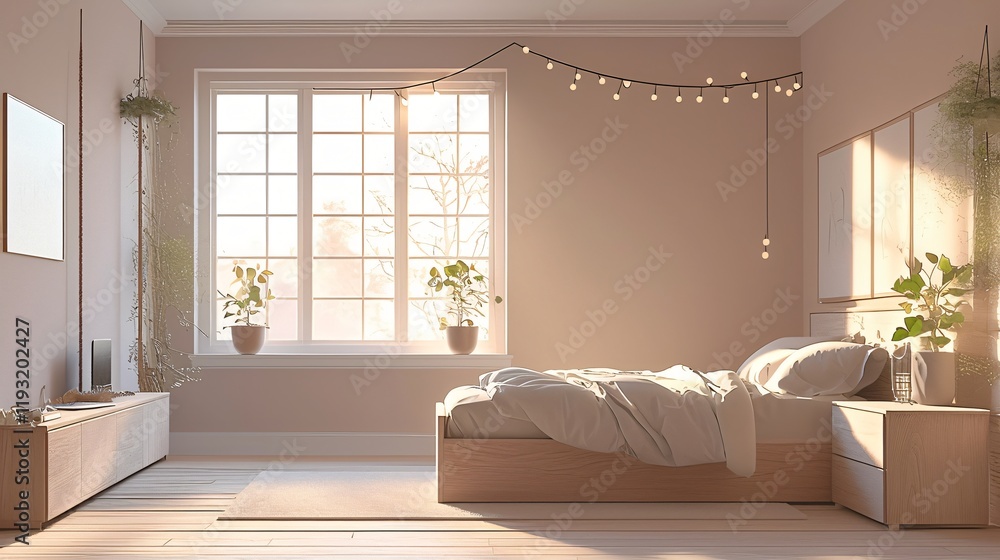 Fototapeta premium Serene Minimalist Bedroom Interior Design with Sunlight Streaming Through Window