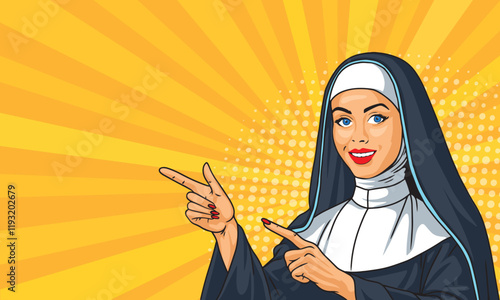 Young woman nun in pop art style points. On a yellow background. Pop art vector comic style