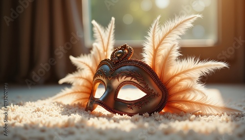 Elegant feathered masquerade mask in soft sunlight on carpet, symbol of mystery photo