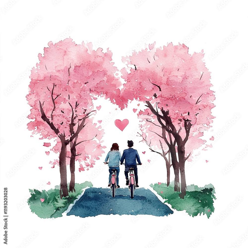 A romantic watercolor illustration of a couple biking under blooming cherry blossom trees, forming a heart shape with their surroundings. A romantic watercolor illustration of a couple biking under blooming cherry blossom trees, forming a heart shape with their surroundings.