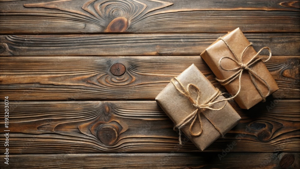 Fototapeta premium Rustic Brown Wrapped Presents on a Weathered Wooden Surface
