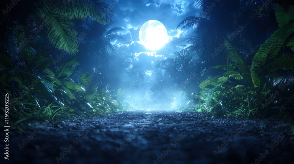 Fototapeta premium Enchanted Moonlit Jungle Path Surrounded by Lush Foliage and Mystical Atmosphere