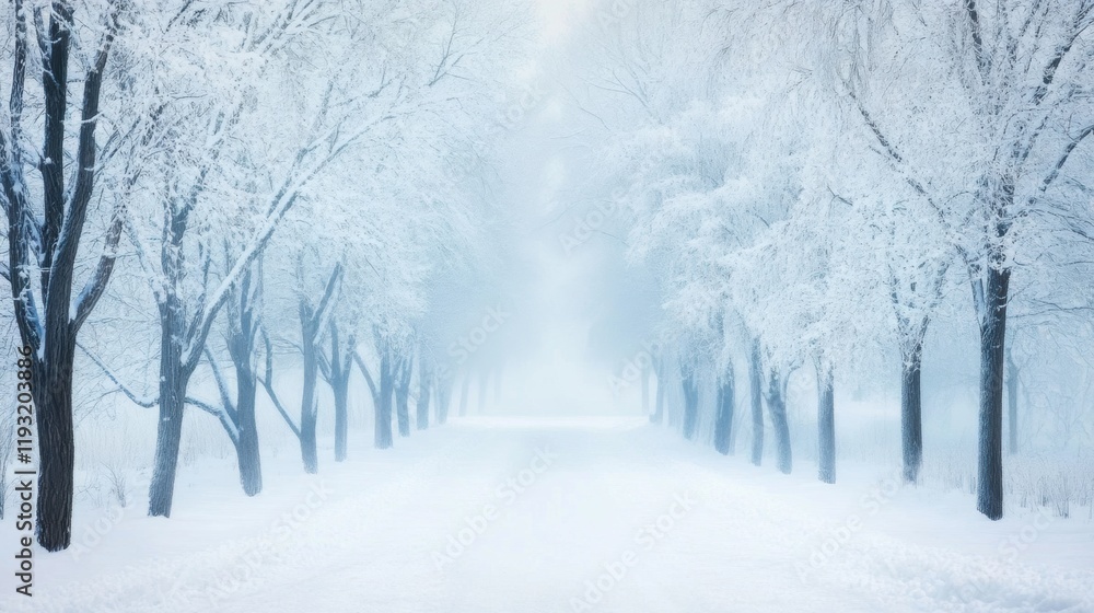 Fototapeta premium A snowy path lined with bare trees fading into mist
