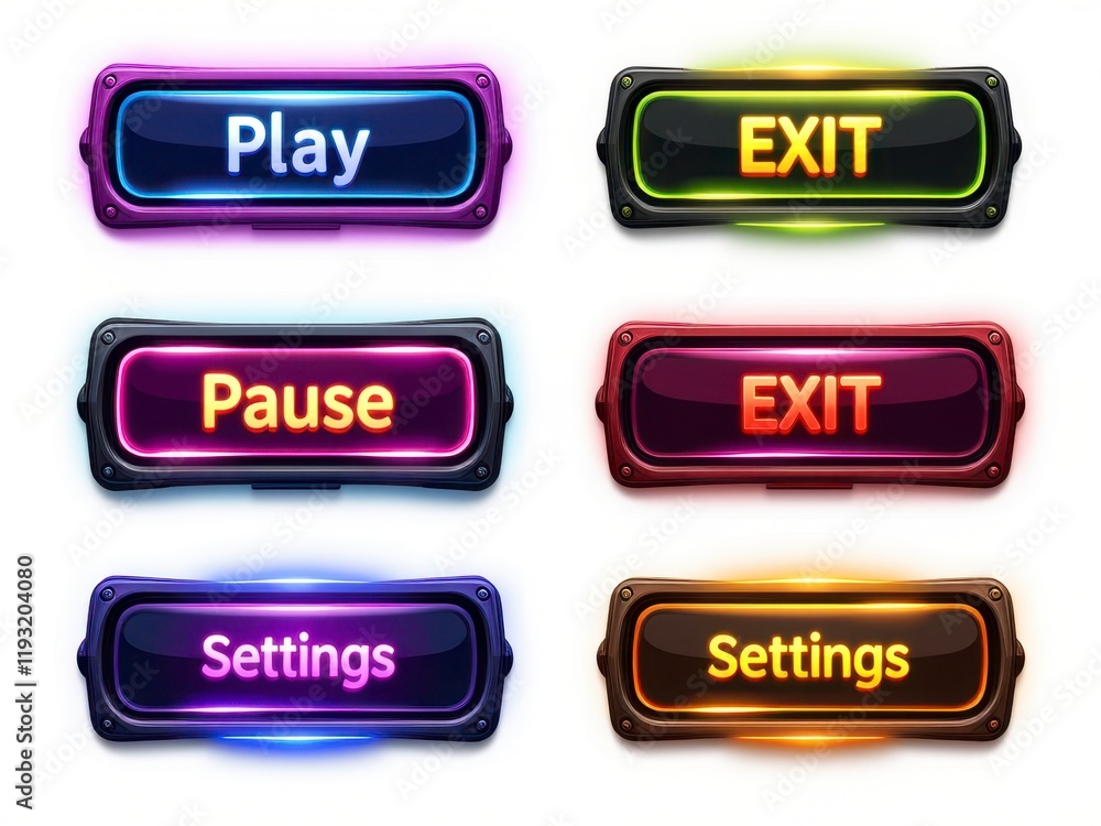 Neon Game UI Buttons Play Pause Settings Exit Glowing Rectangular Design Elements Neon Game UI Buttons Play Pause Settings Exit Glowing Rectangular Design Elements