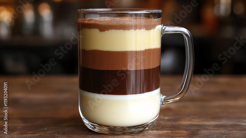 A triple chocolate hot cocoa with layers of milk, dark, and white chocolate, served in a clear glass mug. photo