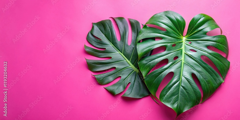 Obraz premium Vibrant Green Tropical Leaves on a Pink Background, Perfect for Summer Designs