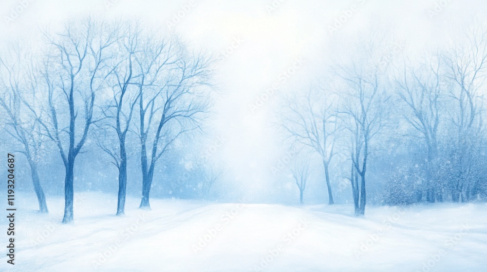 A fog-covered wintry landscape with bare trees lining a snow-blanketed road A fog-covered wintry landscape with bare trees lining a snow-blanketed road