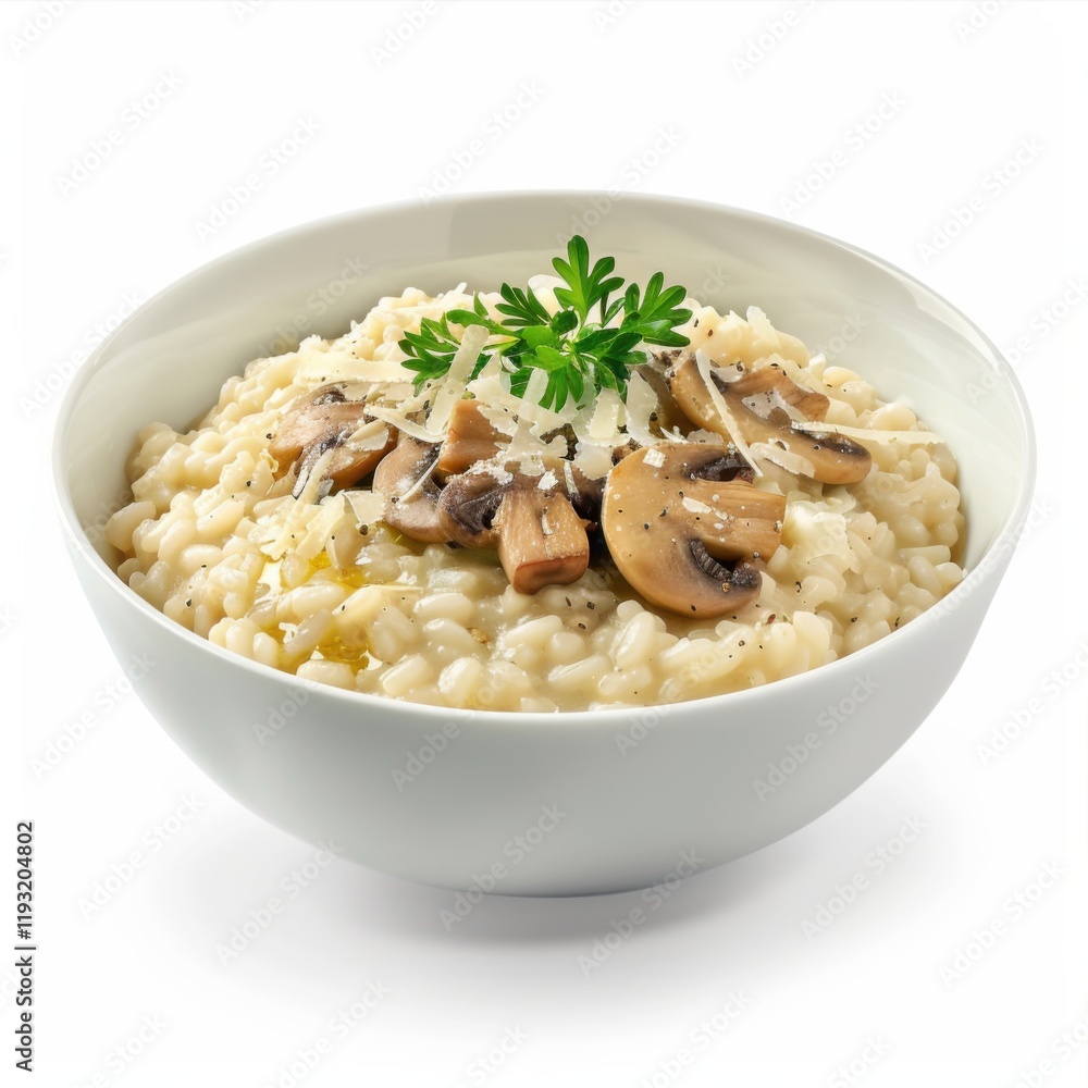 A bowl of creamy mushroom risotto with Parmesan cheese, isolated white background, impressionist art style A bowl of creamy mushroom risotto with Parmesan cheese, isolated white background, impressionist art style